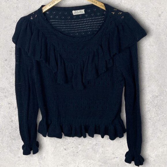 LoveShackFancy Alpaca Knit Sweater Blue Size Large Ruffle Navy Pointelle‎ Boho L - Picture 2 of 15